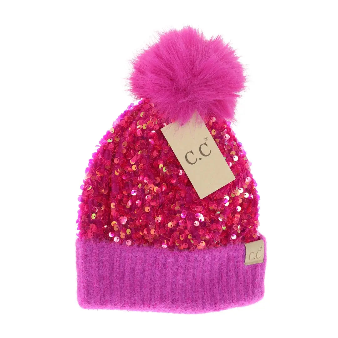 Kids Cluster Sequin Faux Fur Pom C.C Beanie