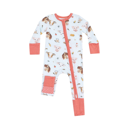 2 Way Zipper Romper - Vintage Animal Faces