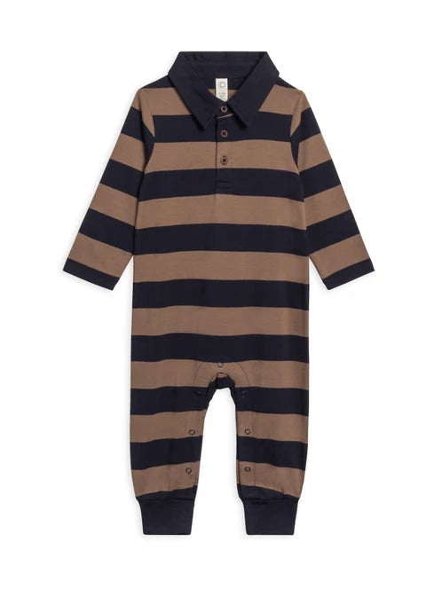 Fritz Long Sleeve Collared Romper - Rugby Stripe /Navy+Taupe image 0