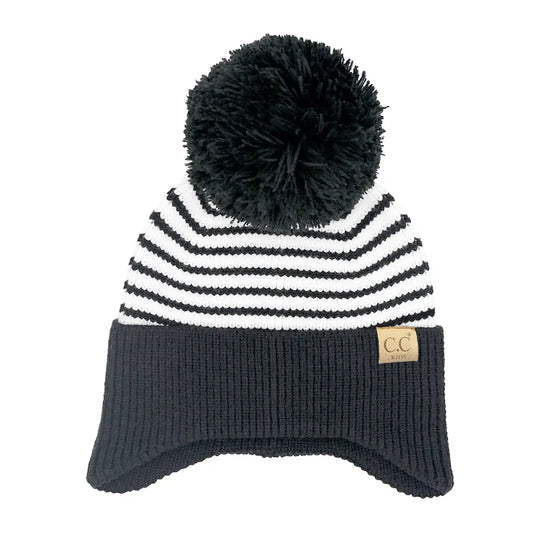 Kids C.C Stripe Earflap Yarn Pom Beanie
