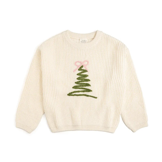 Kids cream sweater with knit green tree and pink bow details.