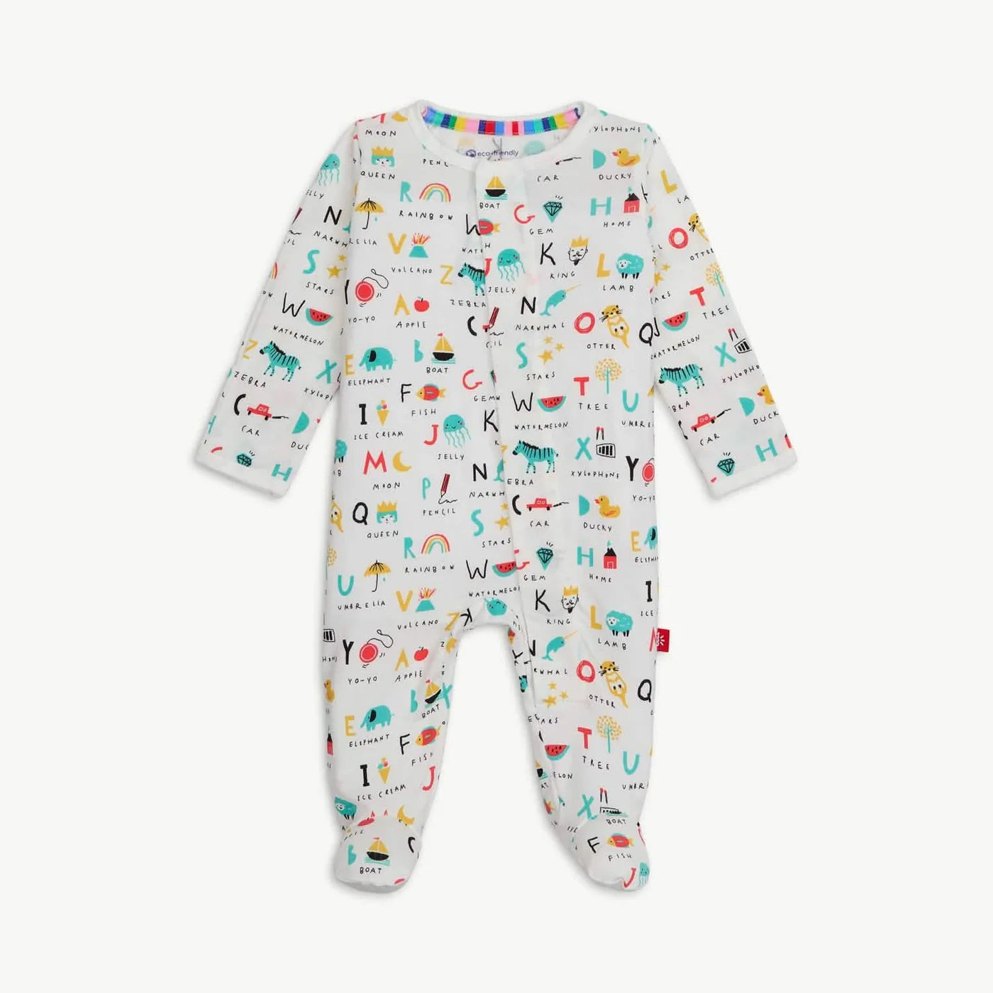 Magnetic baby sleeper onesie with alphabet and animal print