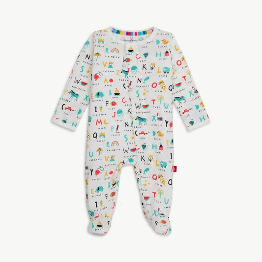 Magnetic baby sleeper onesie with alphabet and animal print
