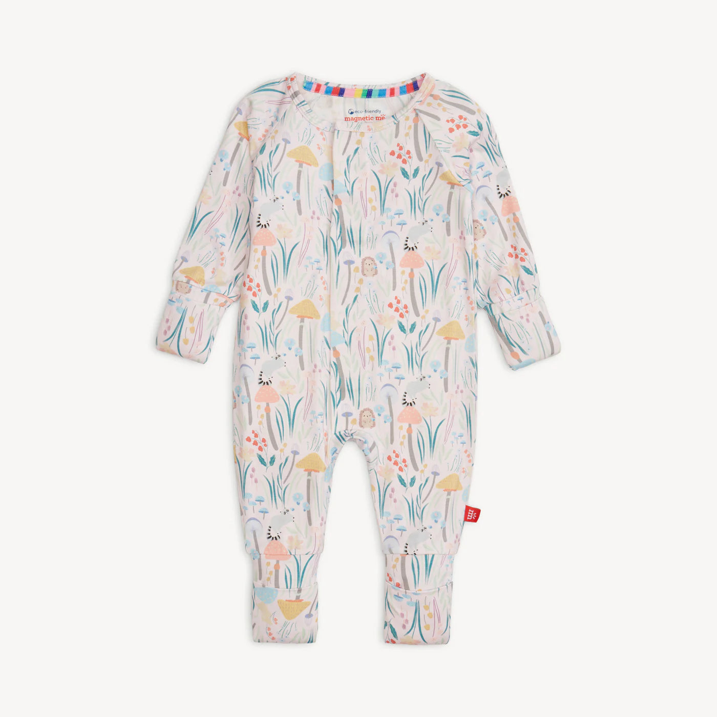 Baby onesie with floral and animal pattern with magnetic closure.