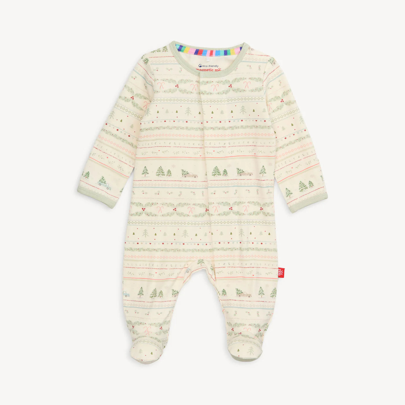 Magnetic baby footie with festive holiday print.