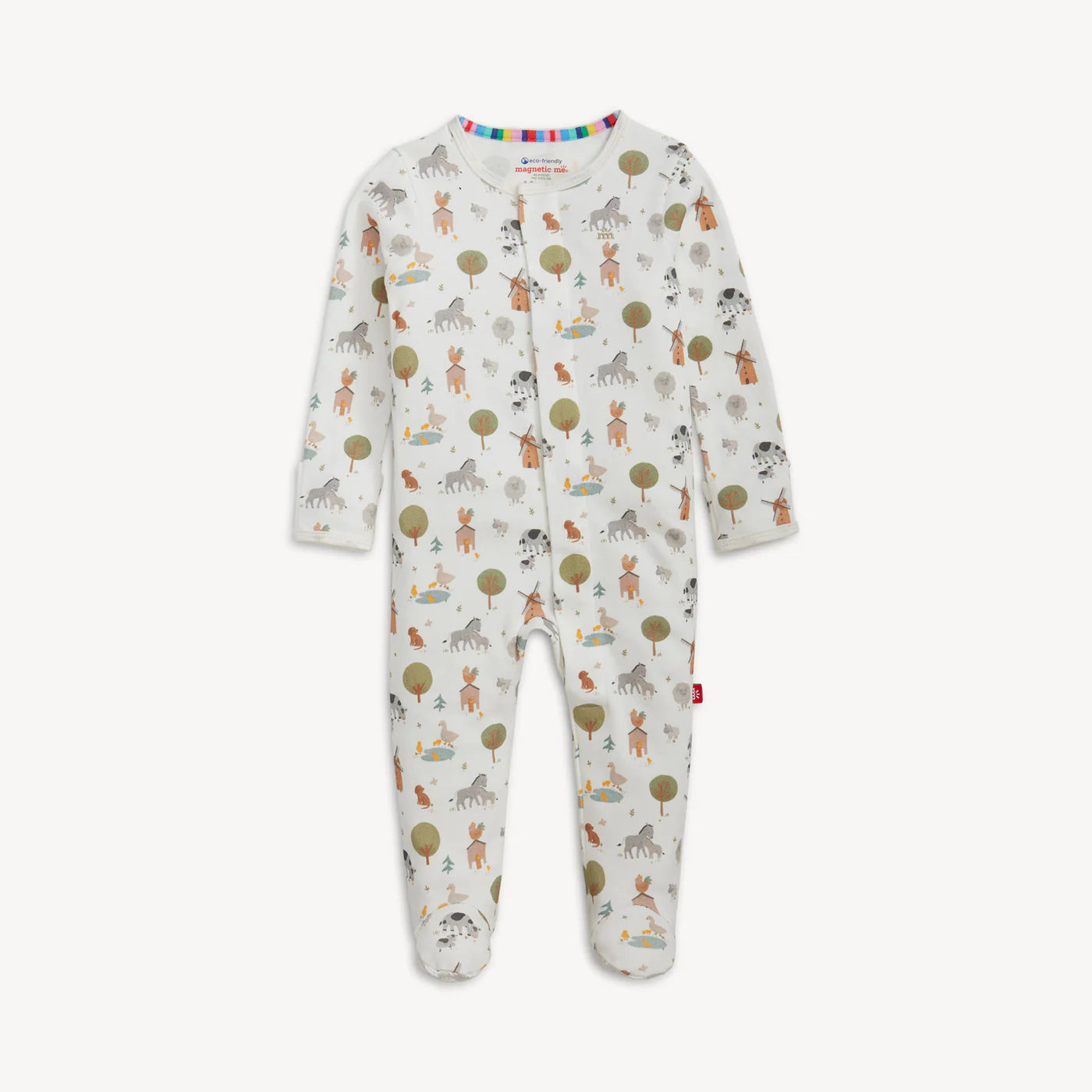 Baby onesie with farm animal pattern and magnetic closure.