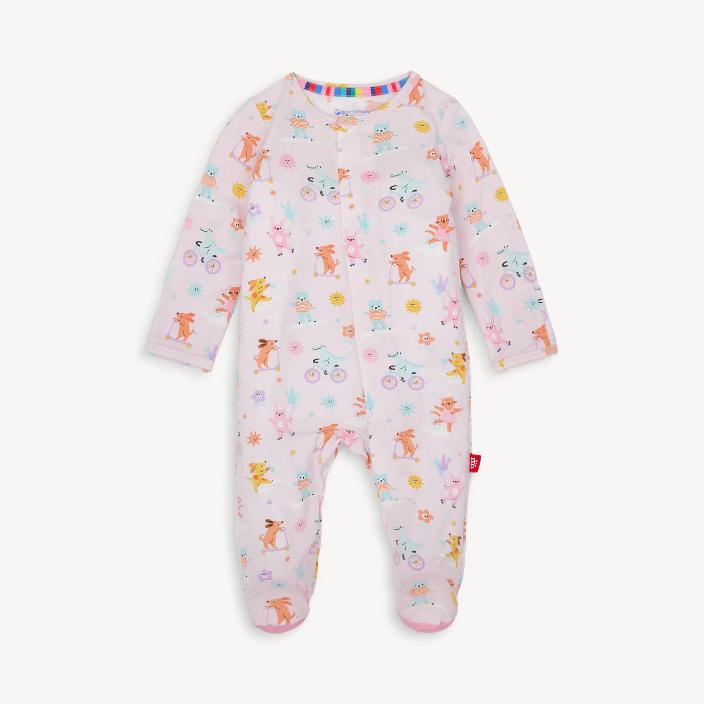 Light pink baby onesie with colorful animal print and magnetic closure.