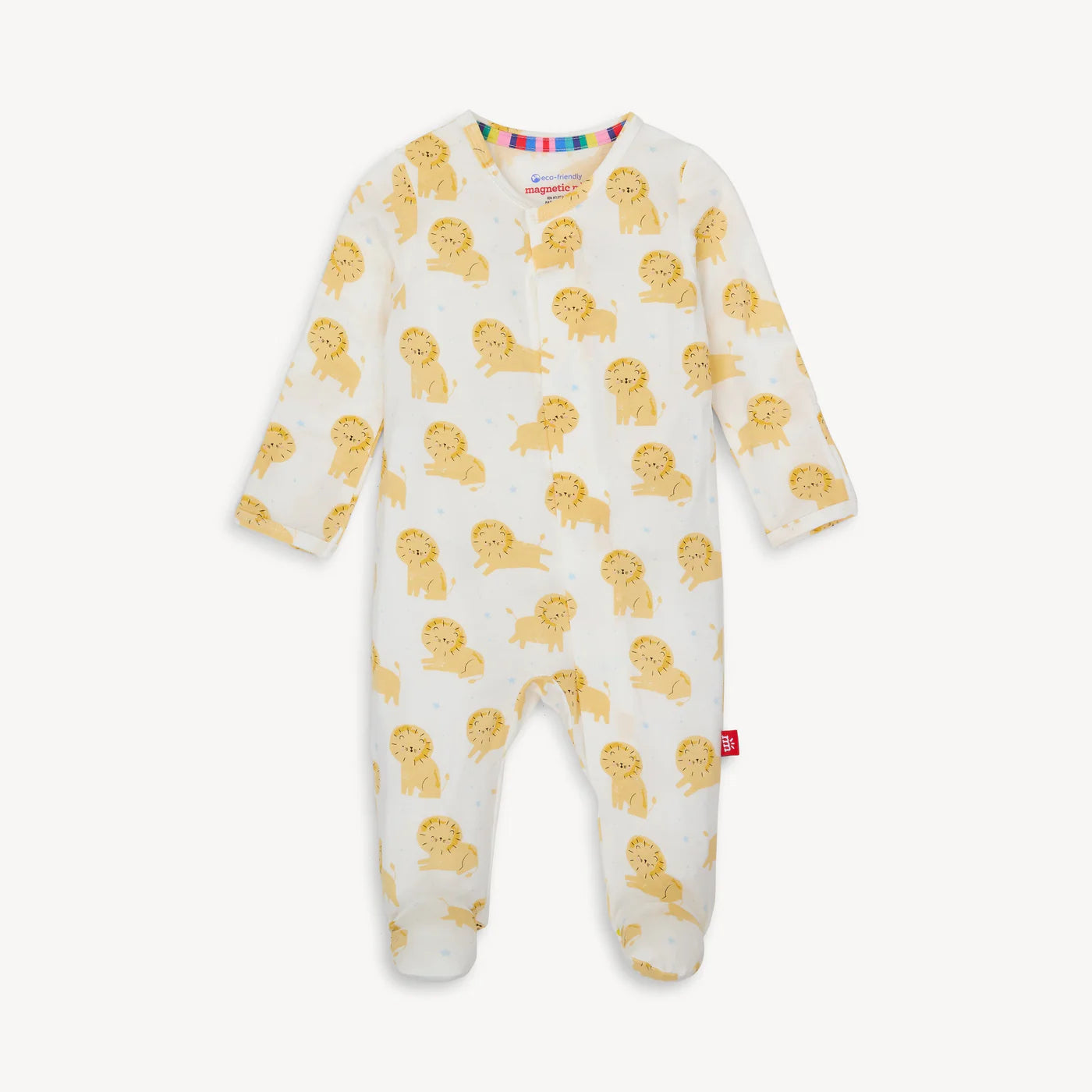 Baby onesie with yellow lion pattern and magnetic closure.