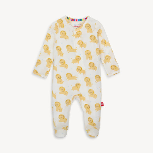 Baby onesie with yellow lion pattern and magnetic closure.