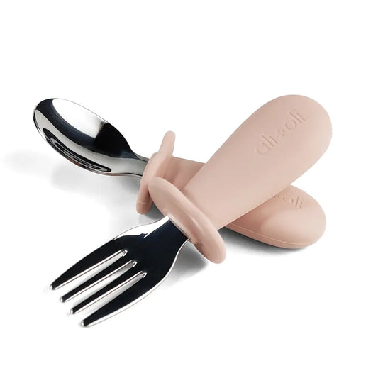 Toddler fork and spoon set with anti-choke guards.