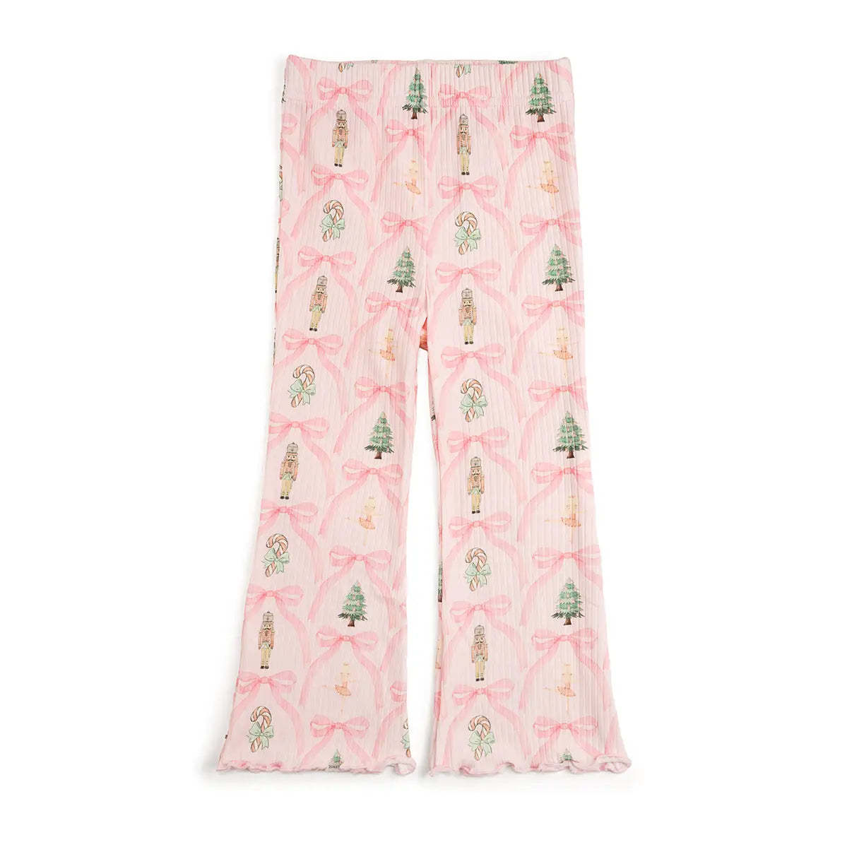 Pink toddler flare leggings with bows, nutcrackers, and christmas trees.