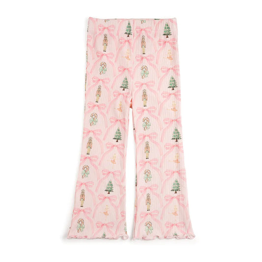 Pink toddler flare leggings with bows, nutcrackers, and christmas trees.