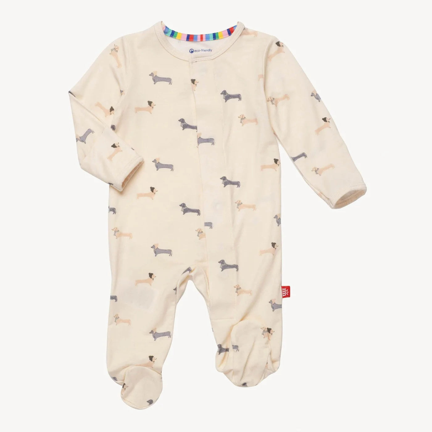 Baby onesie with dachshund pattern and magnetic closure