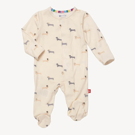 Baby onesie with dachshund pattern and magnetic closure
