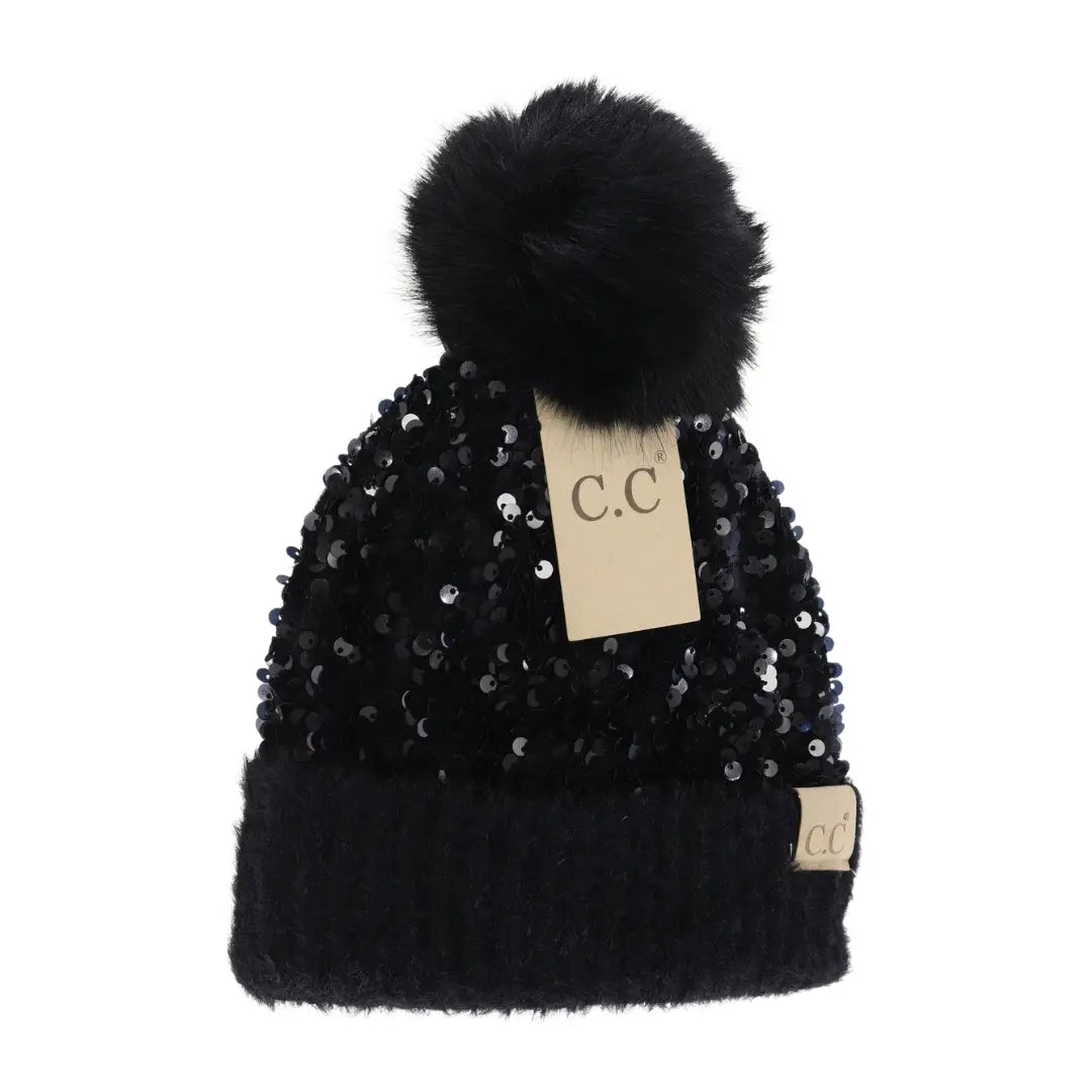 Kids Cluster Sequin Faux Fur Pom C.C Beanie