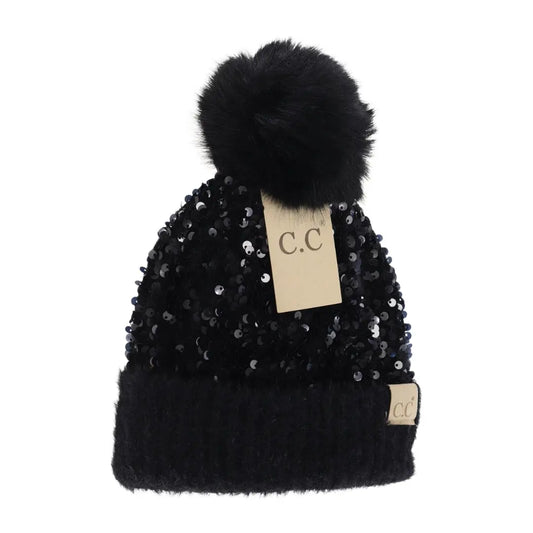 Kids Cluster Sequin Faux Fur Pom C.C Beanie